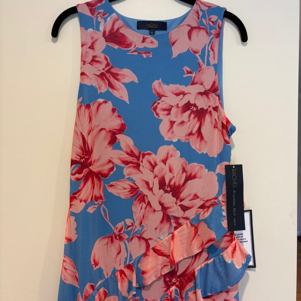 Rachel Roy dress sleeveless blue with big pink flowers, tiered ruffles (L) NWT - Picture 6 of 11